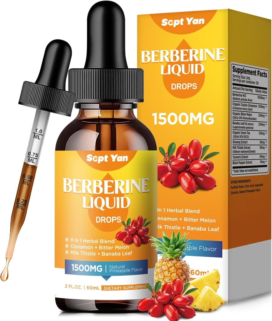Berberine dodatek tekuté kapky - Berberine 1500mg s Ceylon Skořice, Hořký Melon, Banaba Leaf, Kurkuma pro imunitní, Digestion System, Podpora srdce, Přírodní ananas Flavor, 2 Fl Oz
