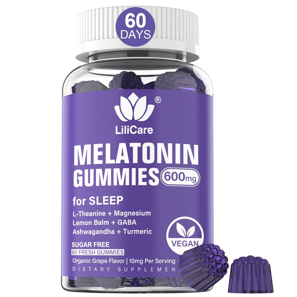 Melatonin Gummies 10mg pro dospělé, Extra Strength with L- Theanin, Ashwagandha, Magnesium, Turmeric, GABA, Lemon Balm a Heřmánek pro podporu srdečního rytmu, Vegan Grape Flavor