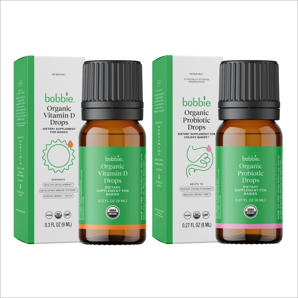 Bobbie Organic Baby Vitamin D a Probiotické Kapky Bundle, Denní tekuté doplňky pro imunitní, zuby, kosti a trávicí zdravotní podpora v novorozených dětí a kojenců, Vegan, Infant-Friendly Formule