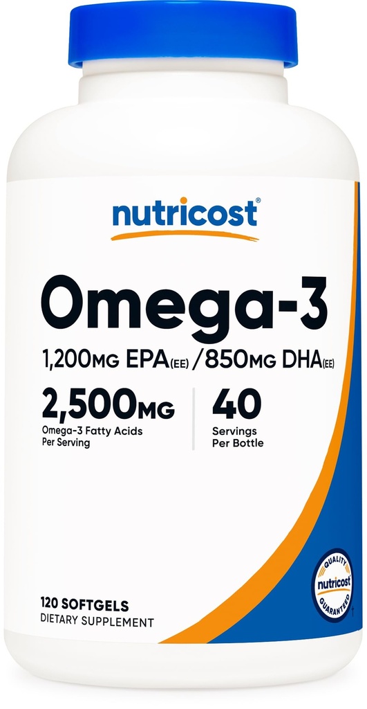 Nutricost Omega 3 Fish Oil - 2500MG, 120 Softgels (40 Serv) - Fish Oil, Wild Caught! 1200mg EPA 850mg DHA - Non- GMO, bez glutenu