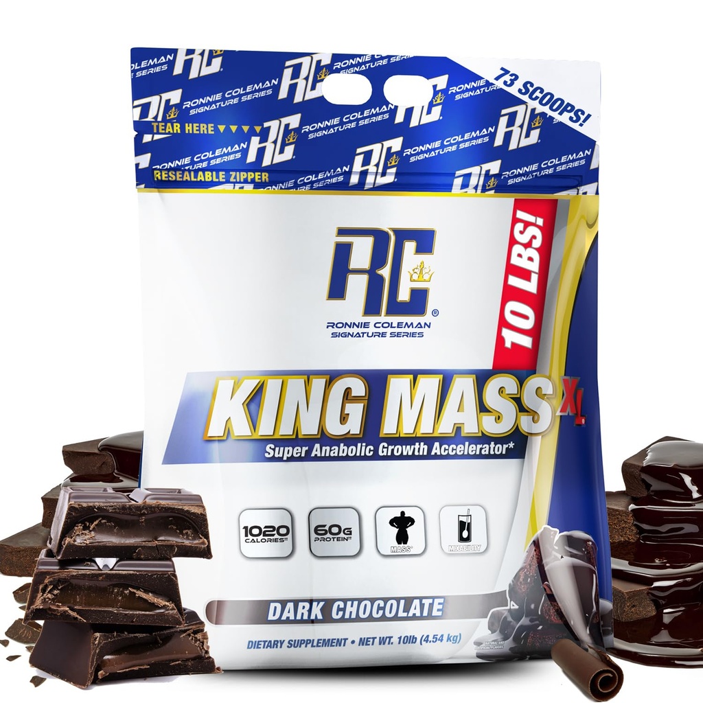 Ronnie Coleman Signature Series King Mass XL Mass Gainer Protein Powder - Dark Chocolate Weiner Gainer with 60g Protein, 180g Carborylas, 1000 + Calories, Creatine & Glutamin - 10 Pound