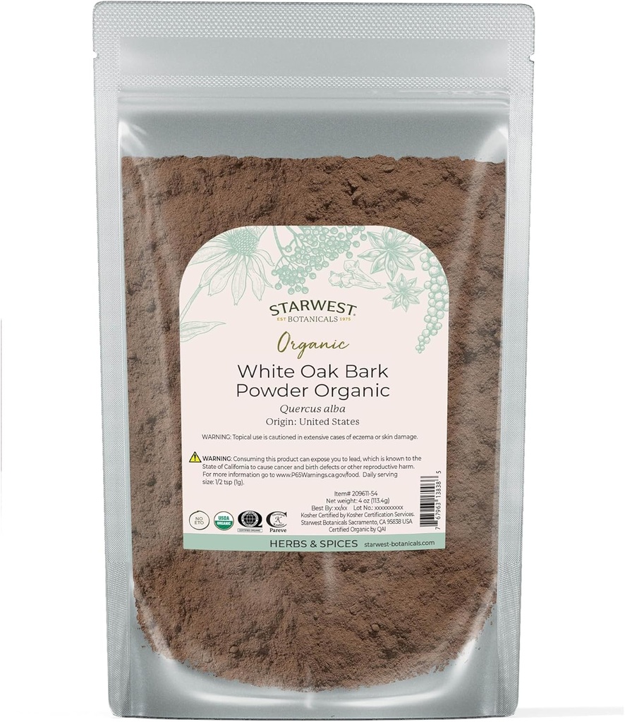 Starwest Botanicals White Oak Bark Powder Organic - Sušený herb pro čaj a přírodní bylinné směsi, čistý Quercus Alba, Certified Kosher, Non- GMO - 4 oz Pouch