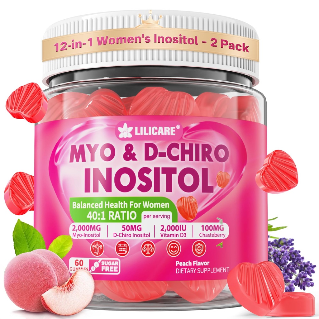 Inositol Gummies pro ženy + Chasteberry, Myo- Inositol & D- Chiro Inositol 2000mg + 50mg Ideal 40: 1 Poměr s methylovaným B12 & Folát, Cholin, Magnesium, Vitamin D3 pro celkové zdraví, Balení 2