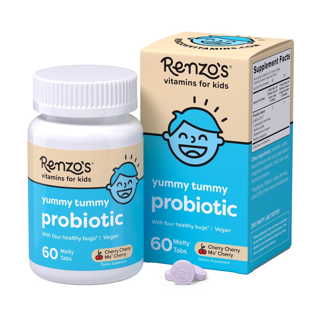 Renzo 's Kids Probiotic, Rozpustné Probiotika pro stravitelné zdraví a imunitní podporu, 60 Cherry- ochucené tabs