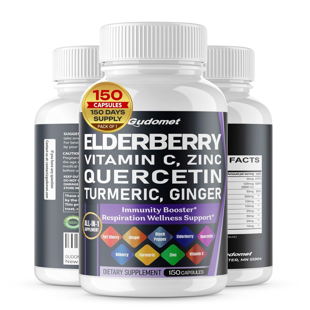 Elderberry Quercetin Bilberry Turmeric Tart Vitamin C Vitamin D3 Zinek Black Pepper - Vyrobeno v USA