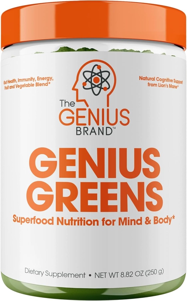 Geniální Brand Genius Green - Zelený prášek na zdravou mysl a imunitu - Organická zelenina, borůvky a lví hříva - Pohodlný nápoj Mix - Příjemné chuti - 20 Služení