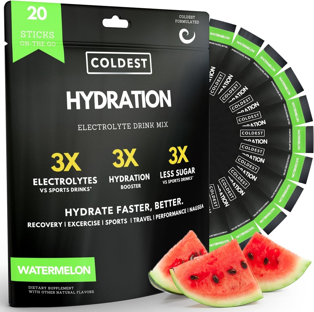 Nejchladnější hydratace - Electrolytes Powder Packets - Non GMO & No Umělý cukr - Electrolyte Drink Mix - Easy Open Single-Serving Stick Drop in Water - 20 Sticks per Pack (Vodní meloun)