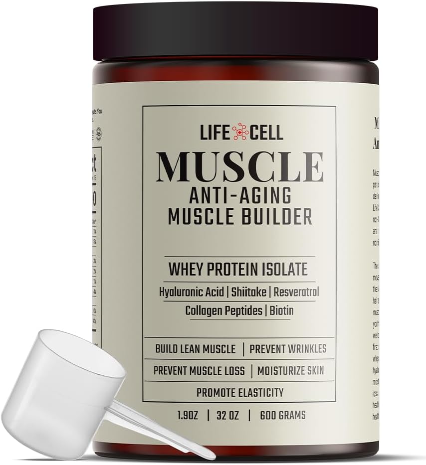 LifeCell syrovátkový protein - Anti- Aging Muscle Builder with Shiitake Mushroom, Collagen & Hyaluronic Acid - Neochucené, No Sugar Added, Soy- Free, Gluten- Free, 600g (18 Služeb)