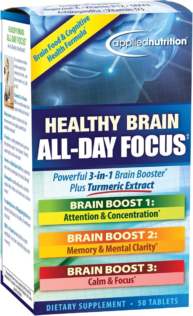 Aplikovaná výživa Zdravý mozek All- Day Focus - 50 Tablety - Výkonný 3in-1 Brain Booster s Turmeric Extract - 25 Služební