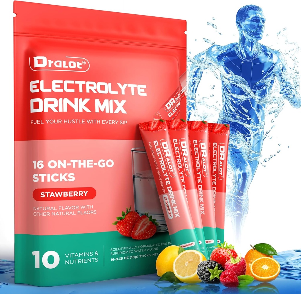 Sugar Free Electrolytes Powder with Natural Flavors, 3X Rapid Hydration Packets with 10 Electrolyte & Vitamíny, Liquid Daily IV, Non- GMO, Gluten- Free, Keto, Vegan, 16 Sticks, Jahoda