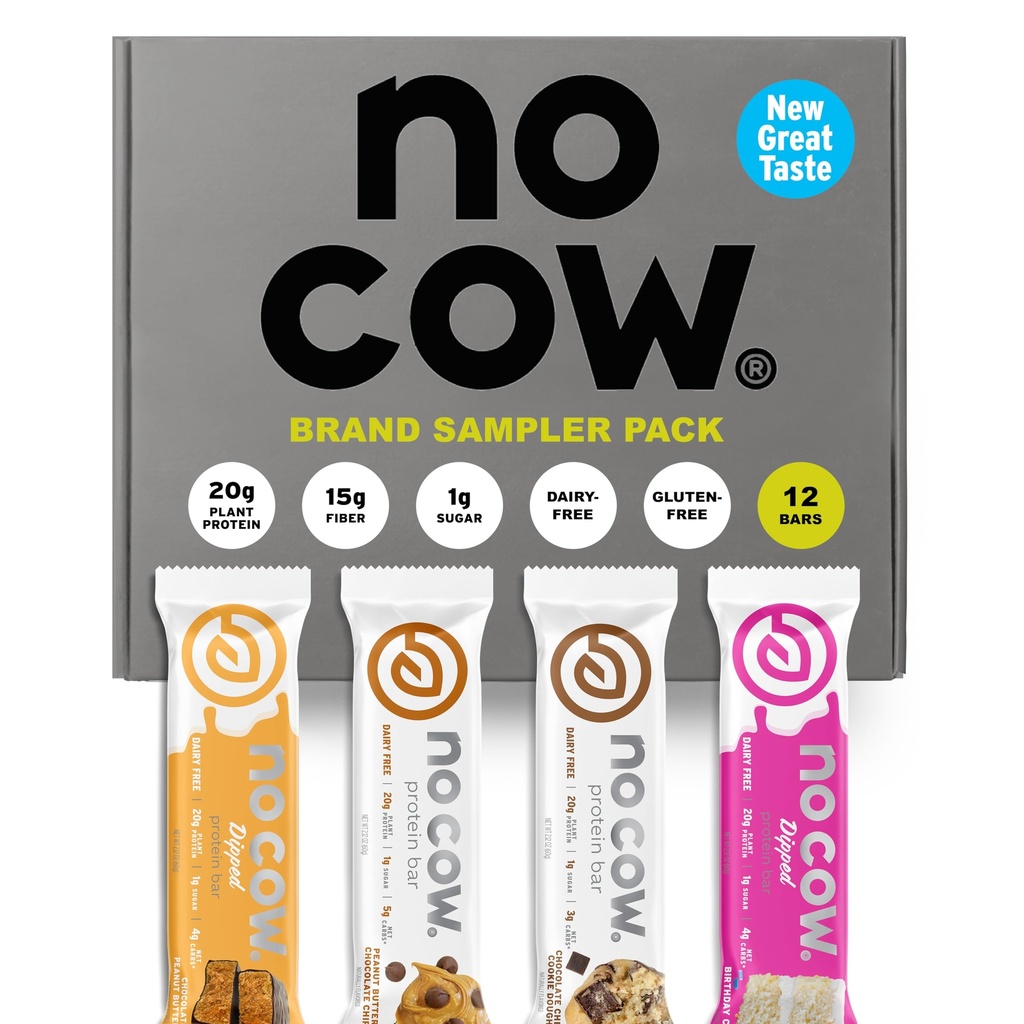 No Cow Vegan Protein Bary, Upgraded Brand Sampler Pack 124; 20g Plant Based Protein, Gluten Free, Dairy Free, Soy Free, Keto Friendly, Nízký cukr, High Fiber Snack Bary 124; Pack of 12