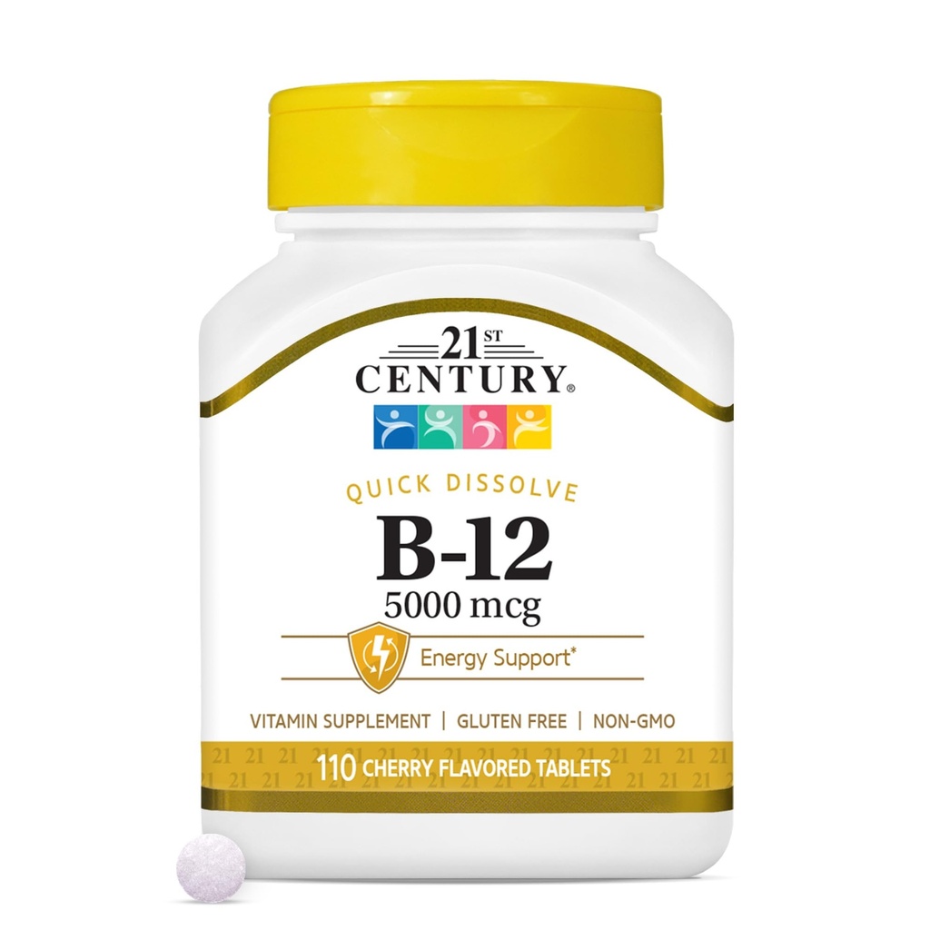 21. století B-12 5000 mcg, 110 Cherry ochucené sublingvální tablety, 110 Počet