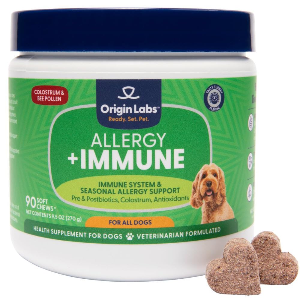Původ Labs Alergie a imunitní podpora Dodatek, Omega 3 Fish Oil, Bee Pollen, Colostrum, Probiotika, Prebiotika pro Gut zdraví, kůže a coat zdraví, Antioxidanty, Turecko Flavor, 90 měkkých žvýkaček