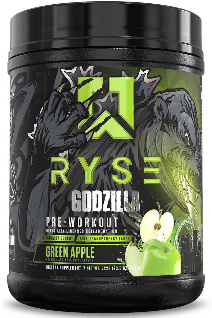 RYSE Godzilla X Noel Deyzel Pre Workout Powder - Green Apple - 400mg Caffeine, High Stim Pre- Cvičení pro muže a ženy s Citrulline & Beta Alanin - Energie, Pump & Focus - 20 / 40 Servings