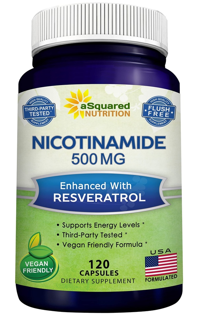 aSquared Nutrition Nicotinamid s Resveratrol - 120 Veggie Kapsle - Vitamin B3 500mg (Niacinamid Flush Free) - Doplněk pilulky na podporu NAD, Kožní buňky zdraví a energie