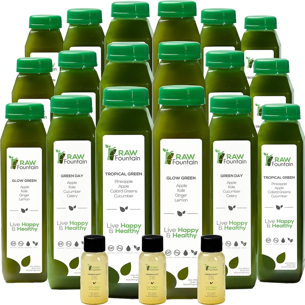 5 Day Green Juice Cleanse by Raw Fountain, All Natural Raw, Vegan Detox, Cold Pressed Juice, 30 Lahve 12oz, 3 Ginger Shots