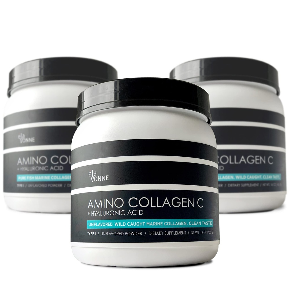(3- Pack) Amino kolagen C - kolagen prášek (180 Scoops) - Marine Collagen Peptides + Hyaluronic acid. Žádný cukr. Žádný zápach. Non GMO. USA pro vlasy, kůže, hřebíky, klouby, & Gut zdraví.
