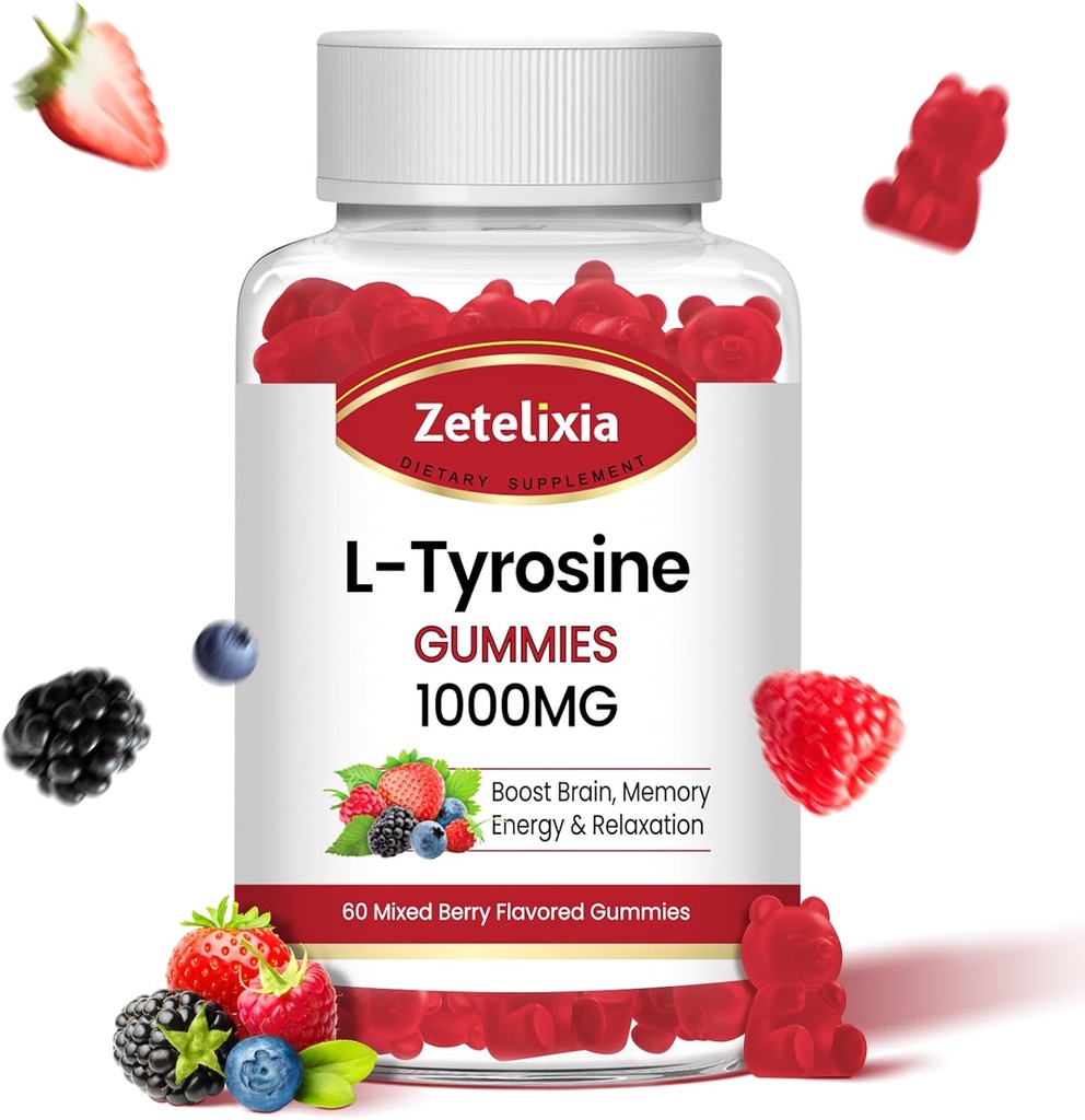 L tyrosinové žvýkačky 1000mg, L-theanine dodatek Gummy 200mg, cukr zdarma L-tyrosin s vitamínem B6 energetické doplňky pro dospělé a děti - Vegan (60 Počet)