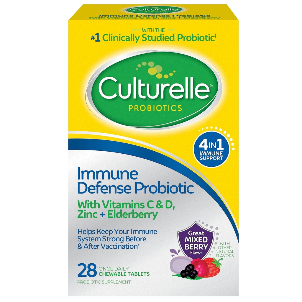 Culturelle Imunity Defense Daily Probiotic for Women & Men - 28 Count, Mixed Berry Chewables with 4-in-1 Immunication Support. Probiotický vitamín C, vitamín D a bezinky