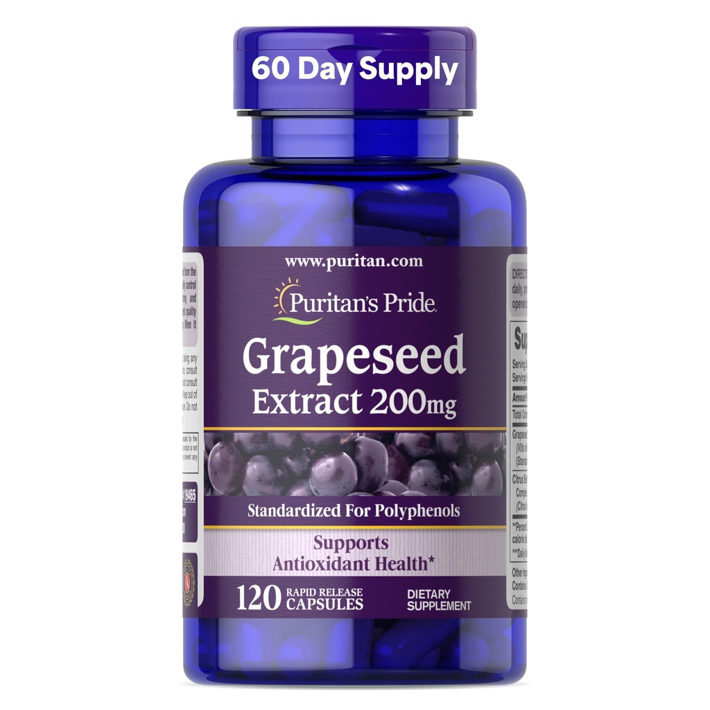 Puritan 's Pride Grapeseed Extract 200mg, dodatek stravy pro antioxidant a podporu srdečního zdraví, 2 měsíce dodávky, 120 Rychlé uvolnění kapsle