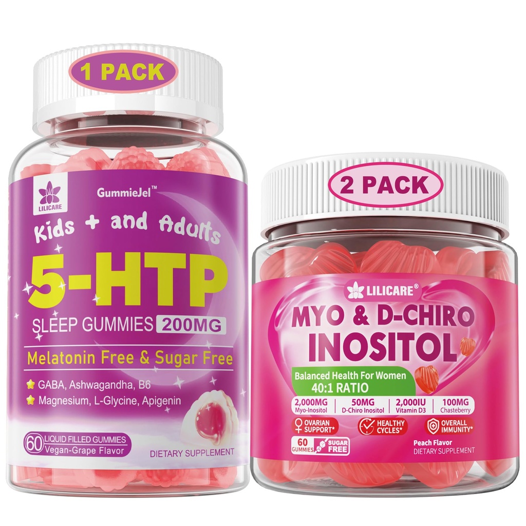 LILICARE Bundle: 5HTP Gummie s magnesium Glycinát - Melatonin zdarma spánkové gumy pro dospělé a děti 8 + & Inositol Gummies Ideal 40: 1 Poměr Myo & D-Chiro Inositol Dodatek