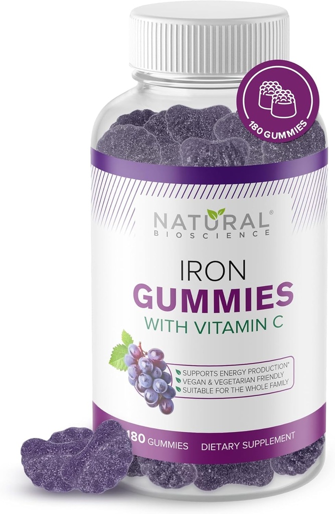 Železné gumy s vitaminem C - Žvýkací doplněk železa pro anémii nedostatku železa, podporu červených krvinek, energie, imunitní funkce, zdraví mozku, Max Absorpce, Grape Flavor, 180 Veganské gumy