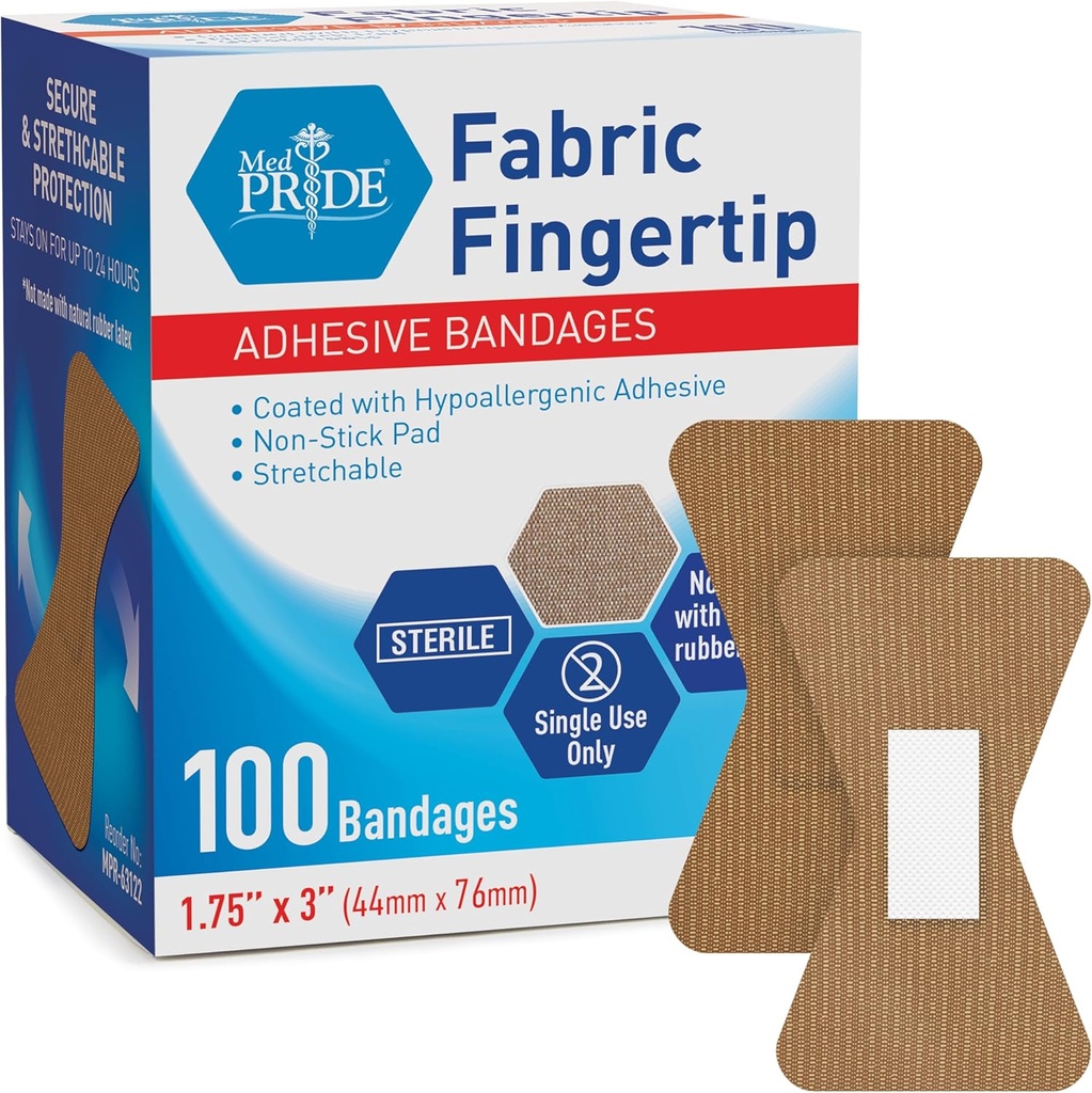 MED PRIDE Sterilní Fingertip Fabric Bandages 1.75in X 3in Hypoalergenní Adhesive Latex- Free 100 Počet