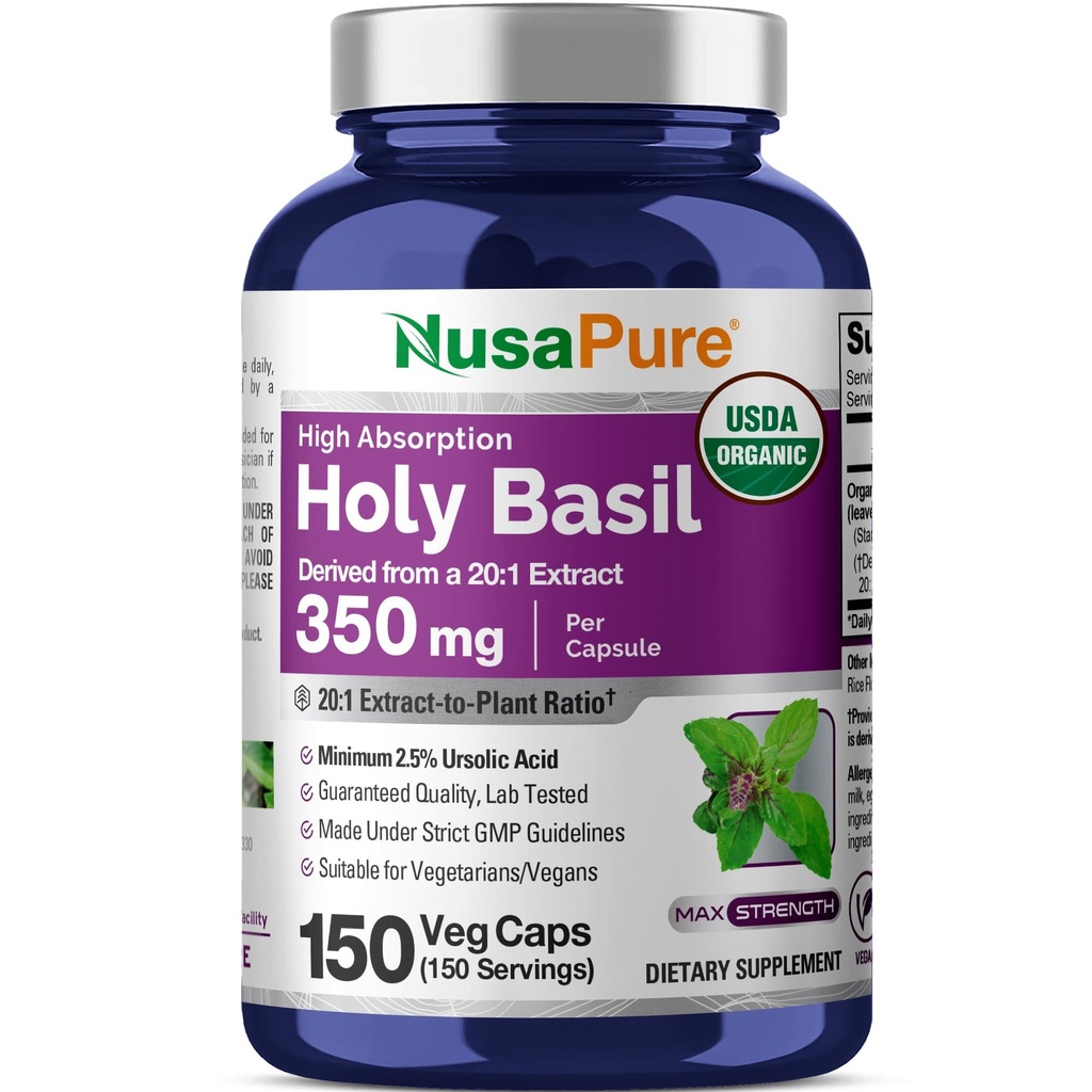 NusaPure USDA Organic Holy Basil Capsules 20: 1 Extract, 350 mg Ekvivalentní s 7,000mg Faz124; 150 Vegan Caps Az124; Tulsi Holy Basil Leaf Extract Az124; 2,5% Ursolic Acid Az124; Non- GMO