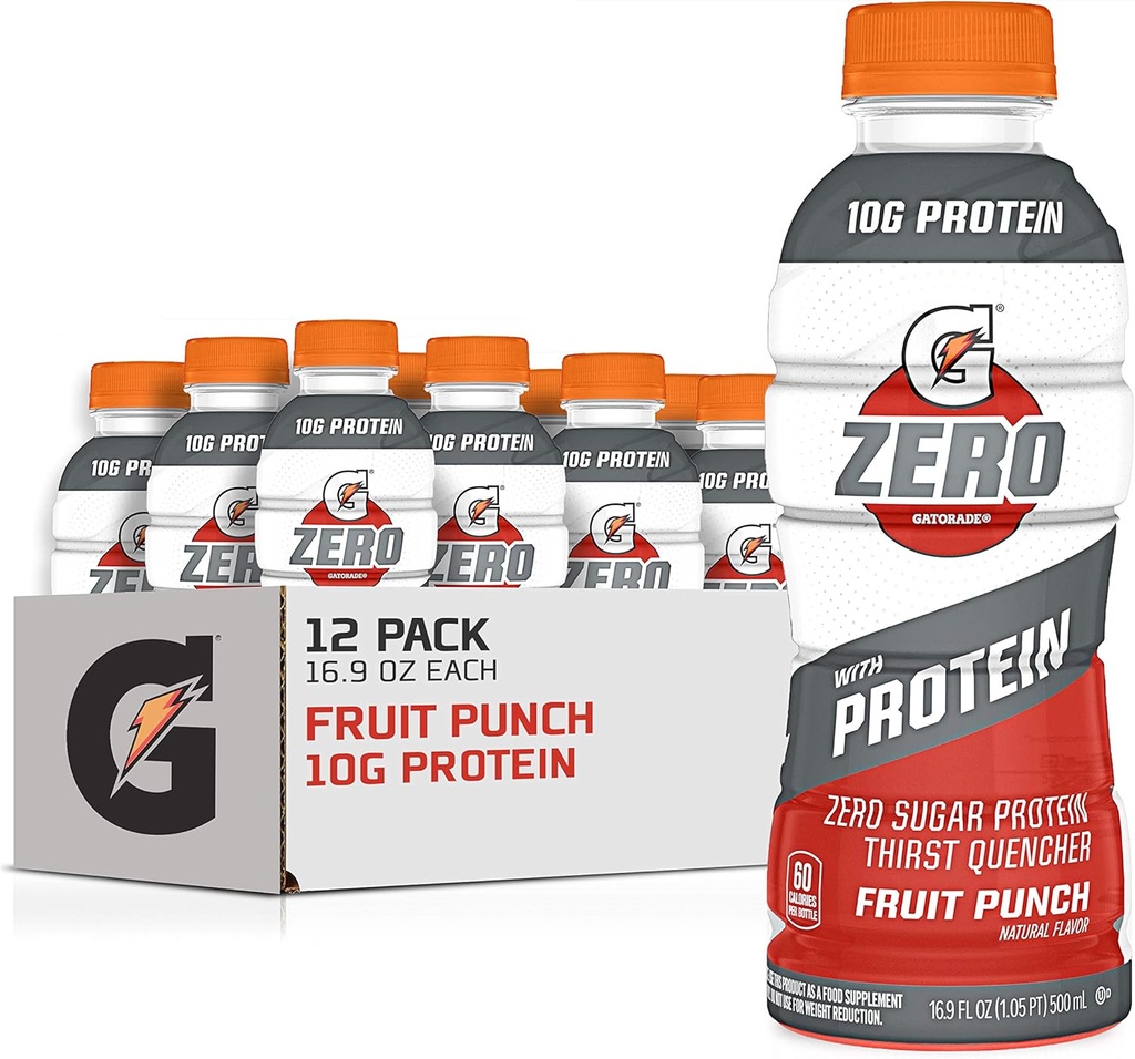 Gatorade Zero With Protein, 10g Syrovátkový izolát, Nulový cukr, Elektrolyty, Ovocný punč, 16.9 Fl Oz, 12 Pack
