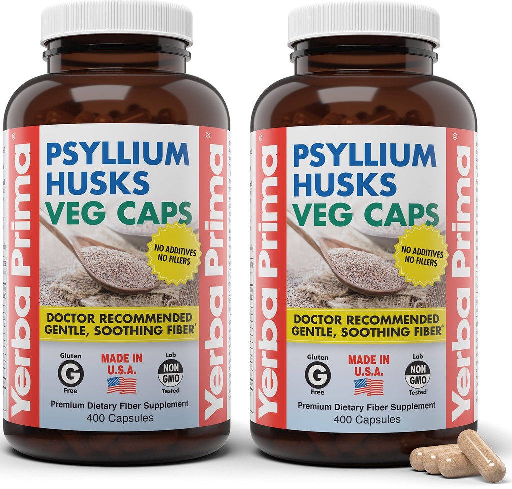 Yerba Prima Psylium Husks Veg Caps, 400 Kapsle (625mg) (Balení po 2) - Vegan, Non- GMO, Gluten Free, Colon Cleanser, Denní Fiber dodatek pro Gut Health & Regularity