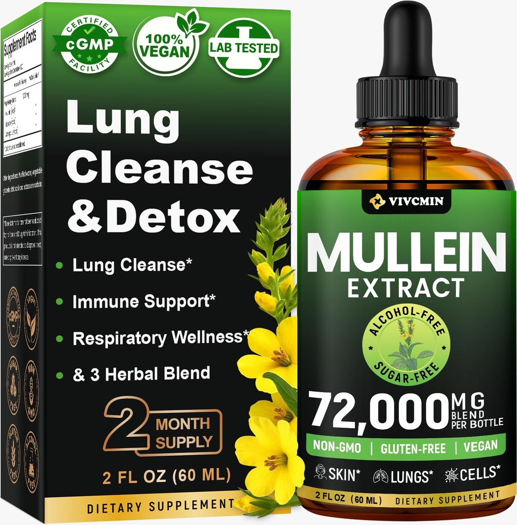 Mullein Drops for Lungs, 3-in-1 Mullein Leaf Extract for Lungs Health, Herbal Respirate Lung Health Supplementary Supplementary, Support Imunity & Digestive Wellness, Sugar & Alcohol- Free - 2 FL OZ