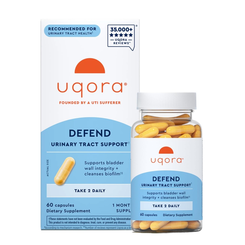 Uqora Defend - Doplněk zdraví močových cest - Podpora močového měchýře Zdraví a čištění biofilmu * s D- Mannose, Zelený čaj Extract, Kurkuma Extract & More - Bezlepkové - 60 Kapsle (30- denní dodávka)
