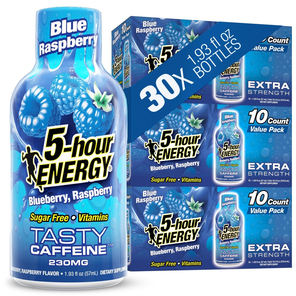 5hodinová ENERGETIKA Střílí extra sílu, Blue Raspberry Flavor, 30 Počet, 1.93 Fl Oz, bez cukru, nulové kalorie, aminokyseliny a esenciální vitaminy B, dodatek stravy, Pocit pohotovosti a energizace, 230 mg kofeinu