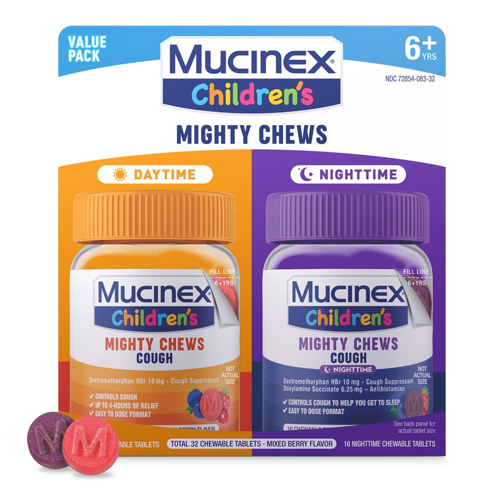 Mucinex Mighty Chews Děti Kašel Medicine Denní a noční hodnota balení, Snadno dávkovací kašel Suppressant pro děti s Dextromethorfan, Smíšené Berry Flavor, 32 Medikované žvýkací tablety