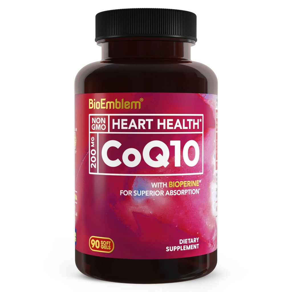 BioEmlem CoQ10 s BioPerine - 200mg Softgels, vysoká absorpce - Koenzym Q10 Antioxidant pro výrobu energie, Zdraví srdce - Přírodní forma, Non- GMO CoQ10 dodatek - 90 Počet