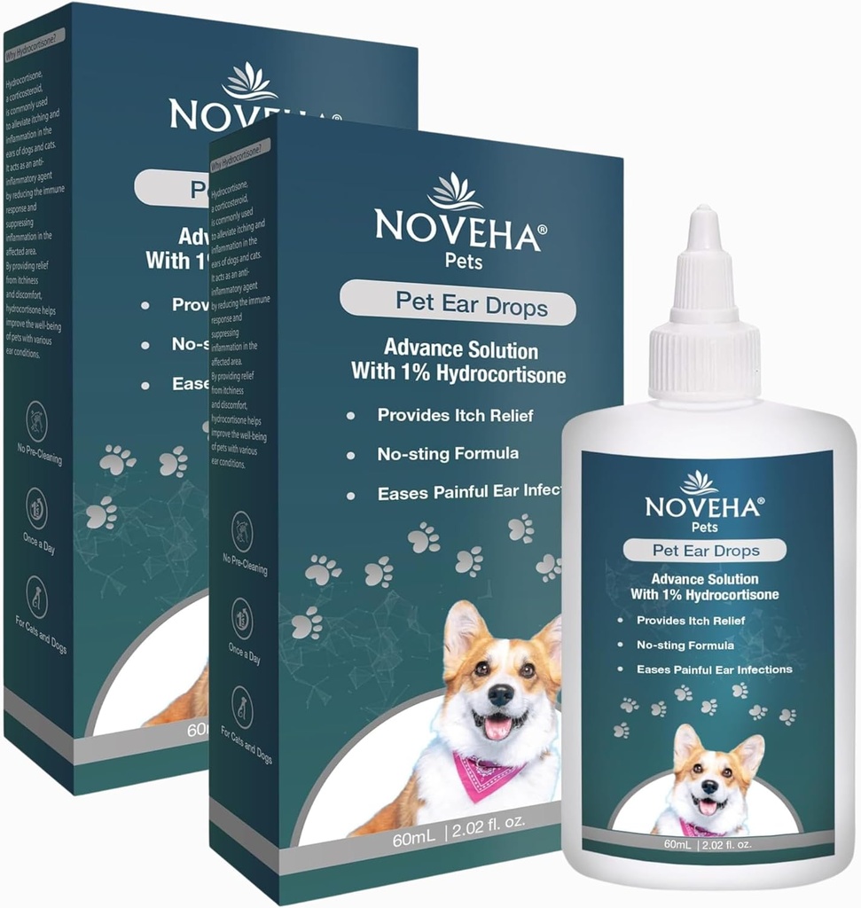 NOVEHA Pet Ušní kapky s 1% hydrokortizonu CLAS124; Ušní čistič pro psy a kočky pro nahromadění Earwax, No- Sting Formule, Calms Itch & Reduces Painful Uar Infektions 60ml (60ml (Balení po 2))