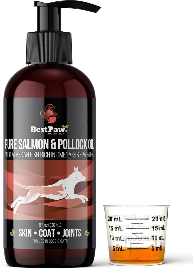 Čistý Aljašský losos a Pollock olej pro psy a kočky kůže a kabát - Rybí olej kapalný s čerpadlem - podporuje společné funkce a zdraví srdce - Omega 3 Liquid Food Supplement - All Natural EPA + DHA - 8oz