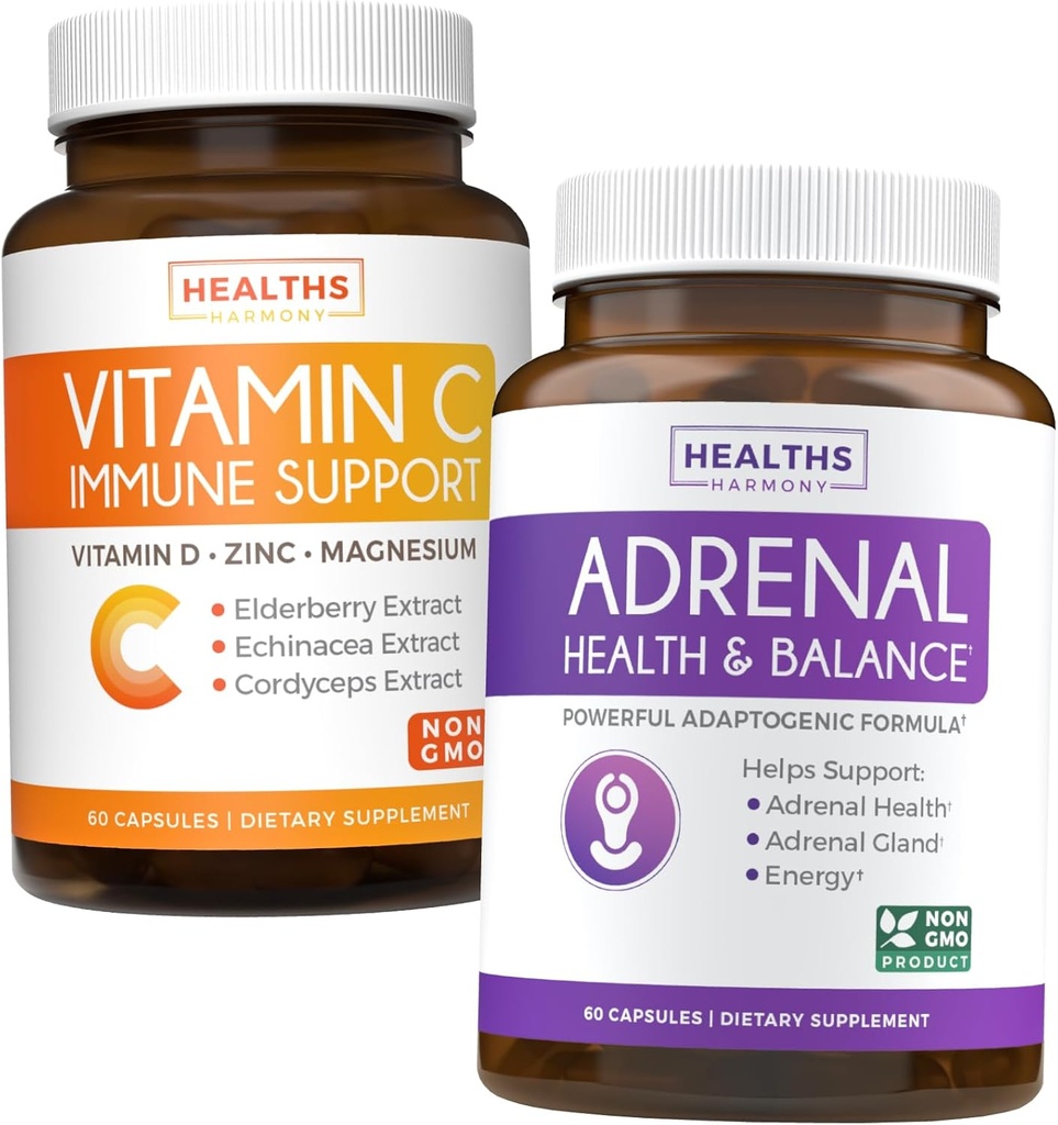Bundle Adrenal Support & Vitamin- C Immunication Support - Adrenal- C Immunication Bundle - Adrenal Support & Cortisol Manager (Non- GMO) & Vitamin C Immunitary Support (Non- GMO) Imunitary System Booster Supplement