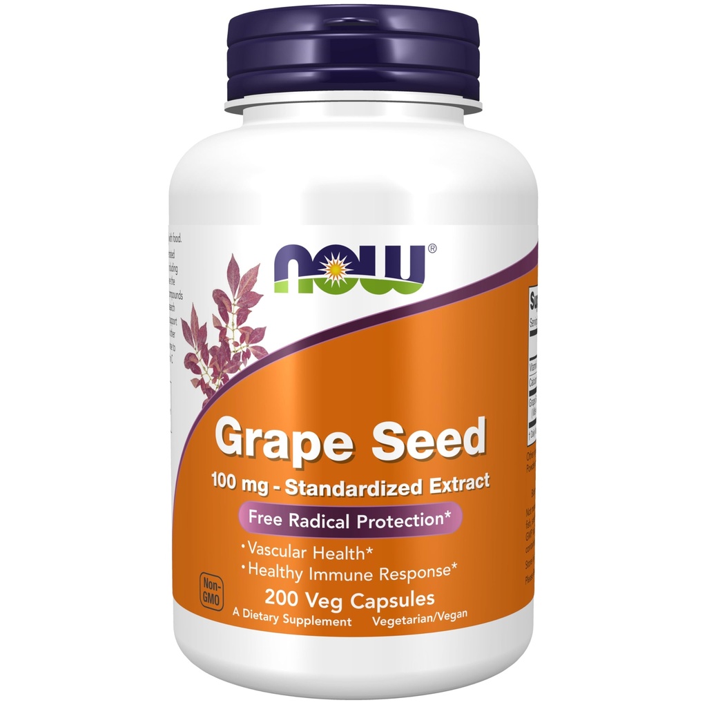 Nyní Potraviny doplňky, Grape Seed 100 mg - Standardizovaný extrakt, vysoce koncentrovaný extrakt s minimem 90% polyfenolů, s vitamínem C, 200 Veg Kapsle
