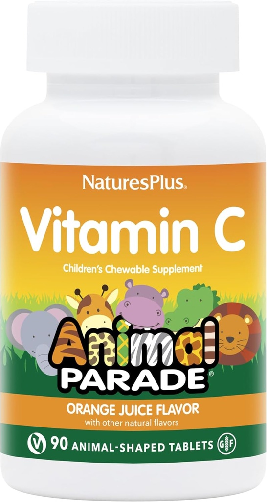 NaturesPlus Animal Parade Vitamin C Children 's Chewable - Natural Orange Juice Flavor - 90 Animal- Shaped Tablety, Balení 4 - Vegan, Vegetarian, Gluten zdarma - 180 Celkem Služební