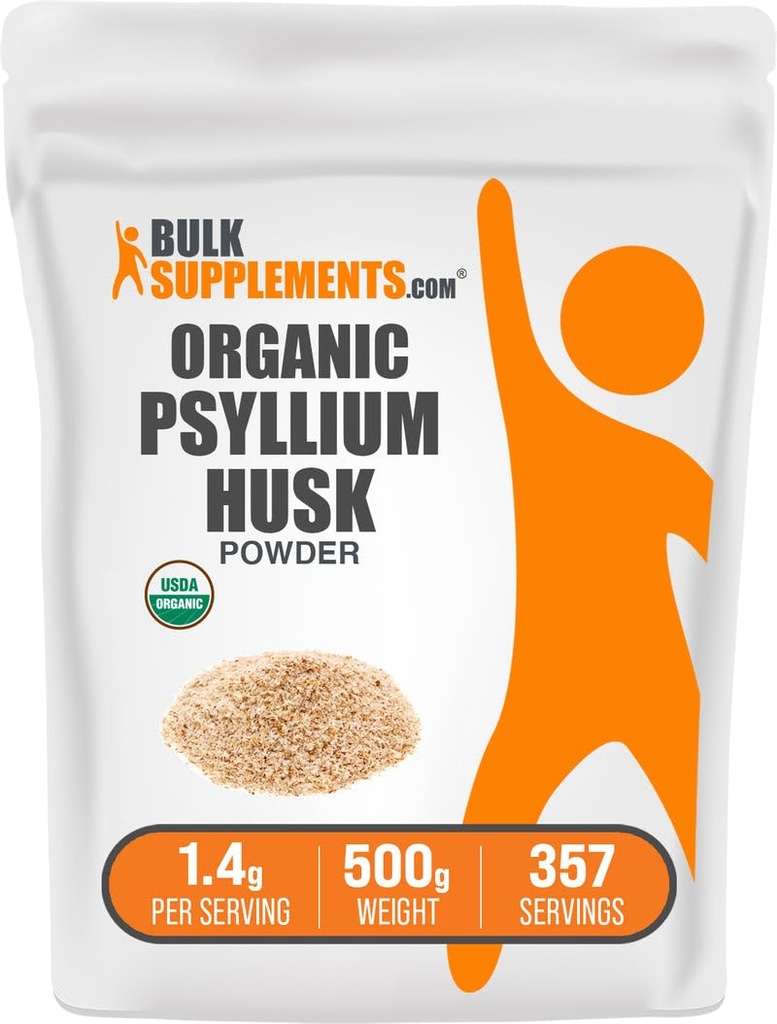 BulkSupplements.com Organic Psylium Husk Powder - Psylium Husk Powder for Baking, Fiber Supplement - Gluten Free, 1.4g per Serving, 500g (1,1 lbs) (balení po 1)