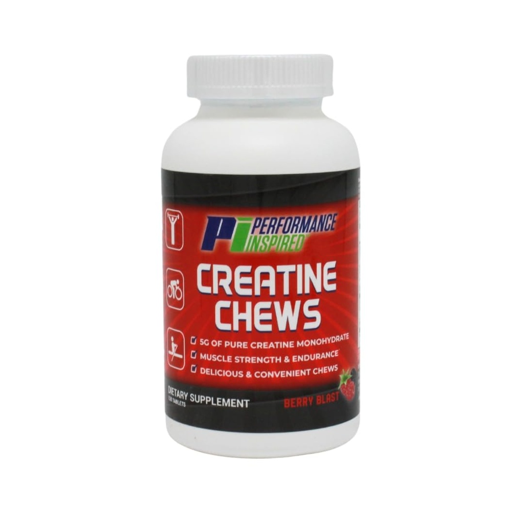 VÝKONNOST INSPIRED Nutrition Creatin Chew - 5g Creatin Monohydrát - Podporuje růst a obnovu svalů - Berry Blast Flavor - 120 Počet