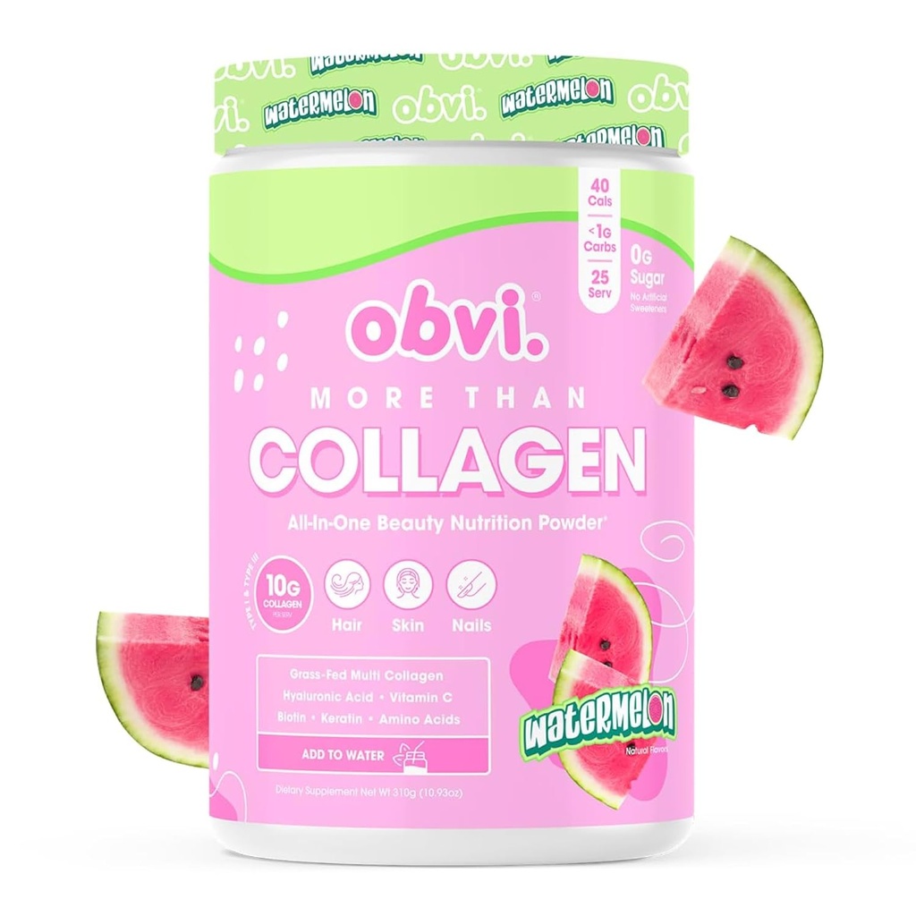 Obvi více než Kolagen prášek 124; Podporuje zdravé vlasy, kůže, hřebíky, spojky, Gut CLAN124; Grass- Fed Multi Collagen dodatek s Hyaluronic kyseliny, Biotin, Keratin CLAND124; Meloun, 25 Služeb