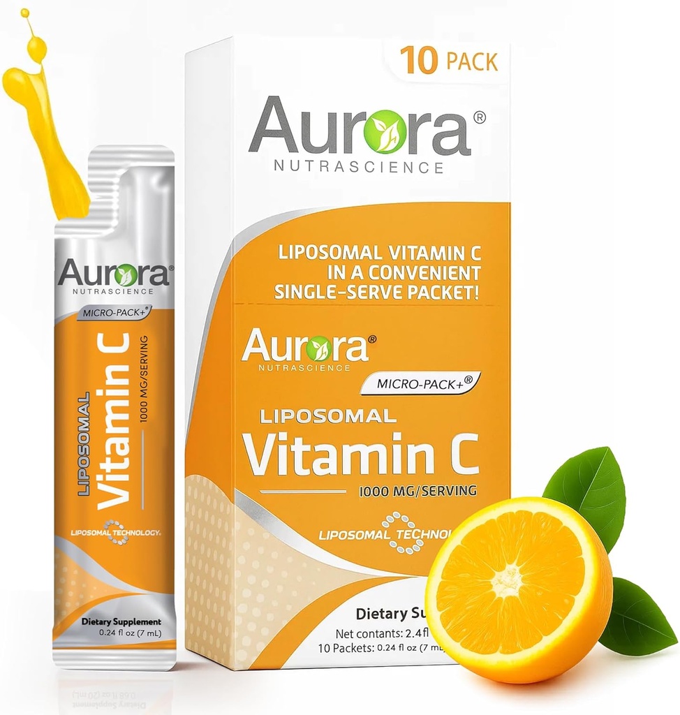 Aurora Nutrascience Micro- Pack Liposomální vitamin C, Imunitní podpora, 1000 mg per Serving, Vegan, Gluten Free, Non- GMO, 10 Single Serve Packets, Orange