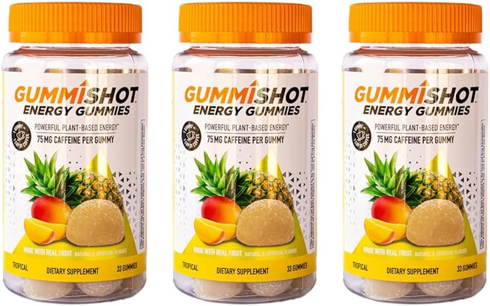 GummiShot Energy Gummies, 2475 mg Caffeine Chews per Bottle, Long Lasting Energy Boosters, Tropical 33 Count (balení po 3)