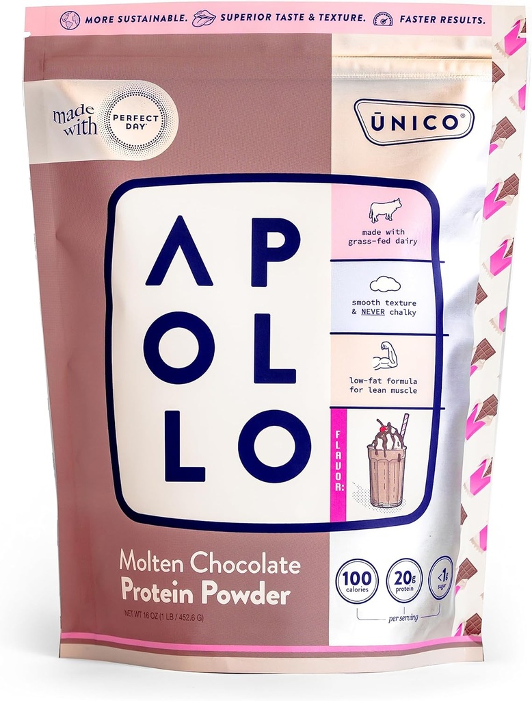 Unico Apollo Molten Chocolate Protein Powder - 20g 100% Grass- Fed syrovátkový protein, vaječný albumen a kasein 124; non-Bloating CLAS124; Low- Carb and Low- Fat CLAS124; 16 Servings CLAS124; Non- Chalky Texture CLAS124; Best- Taste