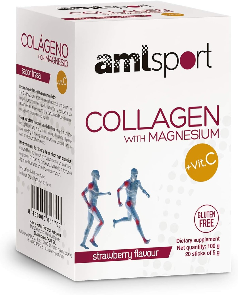 AML Sport - Kolagen s hořčíkem s Vitamin C Sticks - Jahodová Flavour - Travel Pack -20 Sticks. Hydrolizovaný kolagen. Mléko, gluten a cukr zdarma.