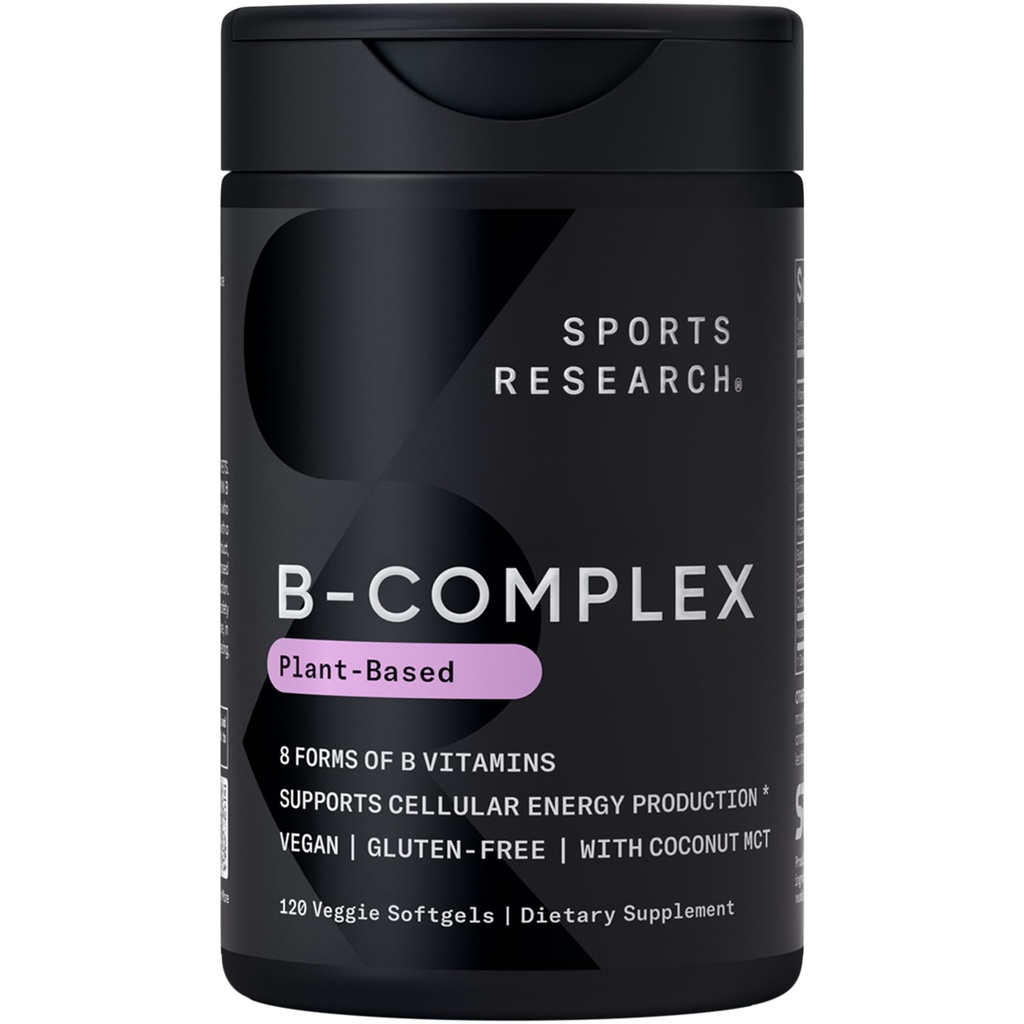 Sportovní výzkum ® Vitamin B-Complex - Plné spektrum B vitaminů s methylovaným B12 & folátem - Gluten zdarma · Plant- based · non-GMO · Vegan- Friendly Formule - 120 Veggie Softgels