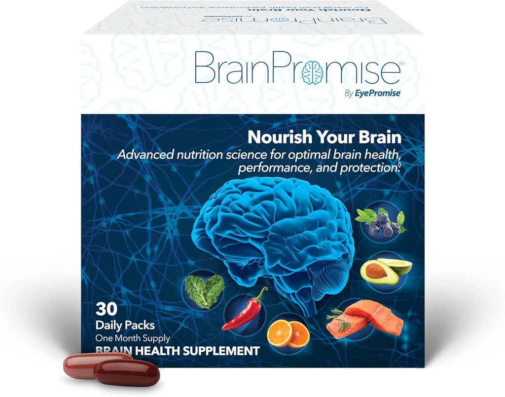 Oční příslib Brainpromise Mozek Dodatek - 30 Softgel Packets, 30- Day Supply - Komplexní Science-Backed Formule s Lutein a Zeaxanthin na podporu paměti, zaměření a celkové zdraví mozku