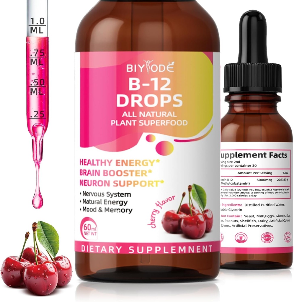 Vitamin B12 5000 mcg Liquid Drops Všechny přírodní rostliny Superfood Zdravá energie Brain Booster Neuron Podpora nervový systém Přírodní energie Mood Paměť 60ml Net Wt Cherry Flavor